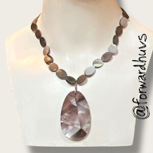 Hand Crafted Mother of Pearl Necklace – 14” Oval Beads with Mosaic Pendant